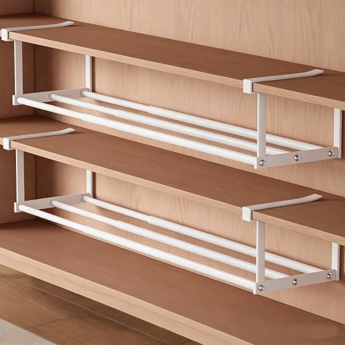 Under-Shelf Expandable Shoe Rack Organizer, White Metal, 40-70cm Width Adjustable, Cabinet Storage for Closet (2 Pcs) Generic