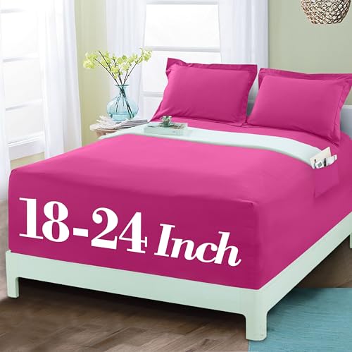 Mocassi Luxury 1800 Premium Hotel Quality Single Fitted Sheet - Ultra Soft, Wrinkle Resistant Microfiber 18-24 Inch Extra Deep Pocket with Storage Pockets Fitted Sheet, Queen, Hot Pink Mocassi
