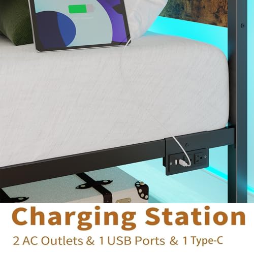 PUNICE Twin Size Bed Frame with Charging Station, LED Light Metal Bed Frame with Wooden Headboard, No Box Spring Required, No Noise, Easy Assembly, Rustic Brown PUNICE