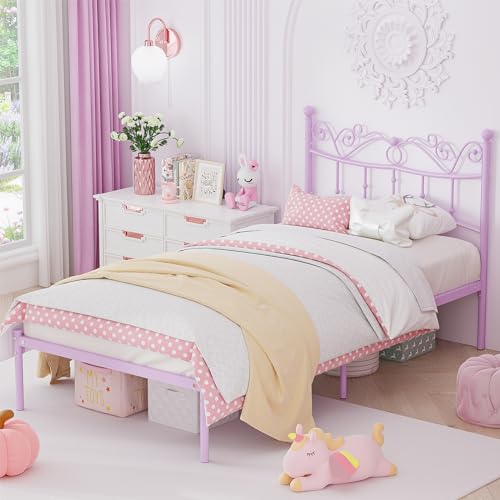 Merronix Twin Bed Frames with Headboard, Elegant Metal Bed Frame for Kids Girls, Modern Twin Size Platform Bed - No Box Spring Needed, 11.2 Inches Height Underbed Storage - Purple Merronix