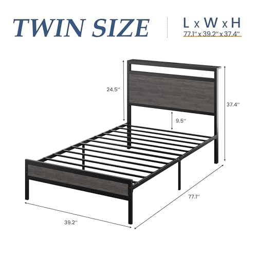 Fluest Twin Bed Frame with Headboard & Footboard, Twin Bed Frame with Charging Station & LED Light, Under-Bed-Storage, No Box Spring Needed, Noise Free, Easy Assembly, Rustic Grey Fluest