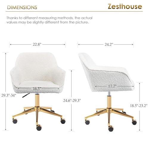 Zesthouse Modern Desk Chair with Wheels, White Swivel Vanity Chair for Girls Women, Upholstered Home Office Chair Boucle Armchair for Bedroom, Height Adjustable Computer Task Chair, Gold Base Zesthouse
