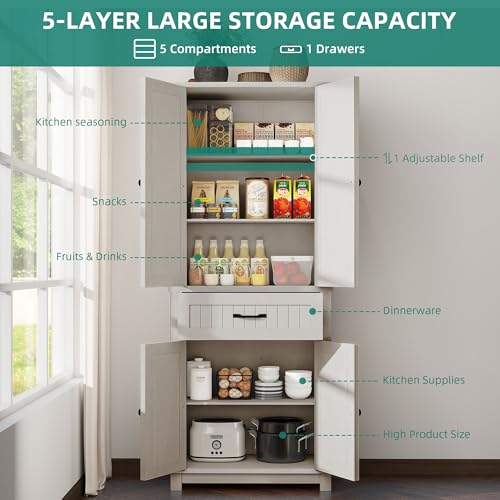 YITAHOME 72.6" H Farmhouse Kitchen Pantry Cabinet, Freestanding Tall Storage Cabinet with 4 Doors, Drawer and Adjustable Shelves, Tall Cupboard for Dining Room, Living Room, White Oak YITAHOME