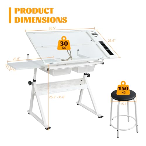 BAOMKONG Drafting Table and Stool Set, Tempered Glass Drawing Table with Adjustable Tabletop and Height Art Table for Artist Painters Home Office, White BAOMKONG