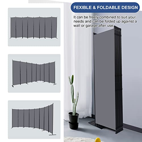 Room Divider Folding Privacy Screens with Wheels, 6FT Tall Divider for Room Separation, Movable Room Partitons and Dividers, Indoor Room Dividers Panel with Fabric (Grey, 8 Panel-176‘’-Flat Base) HOMSCREENER