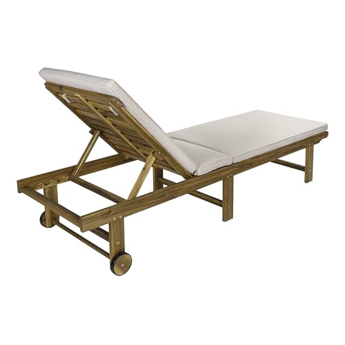 JONATHAN Y LNG1102A Mallorca 77.17"x23.62" Modern Classic Foldable Adjustable Wood Chaise Outdoor Lounge Chair with Cushion & Wheels, for Pool, Deck, Poolside, Beige/Natural
