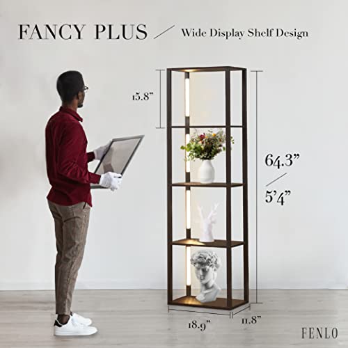 FENLO 64" Display Shelf with Dimmable LED Floor Lamps, Sturdy Display Cabinet with Shelves for Bedroom, Open Bookshelf Display Case with Corner Curio Cabinet, 3 Brightness Levels, Fancy Plus Black FENLO