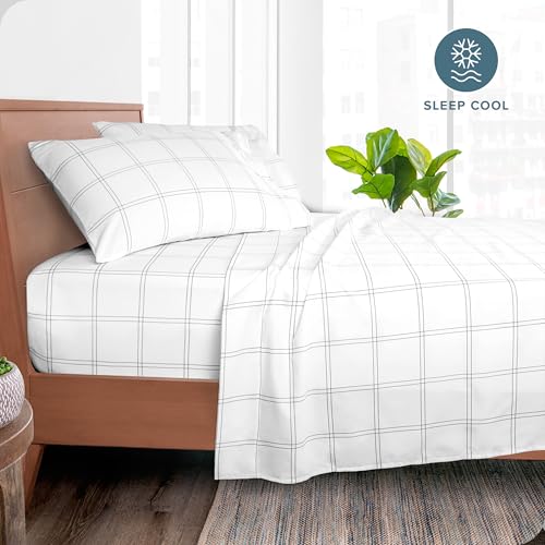Bare Home Full Sheet Set - Luxury 1800 Ultra- Soft Double Brushed Microfiber - Deep Pockets - Easy Fit - 4 Piece Bedding Sheet Set (Full, Modern Plaid - White/Grey) Bare Home