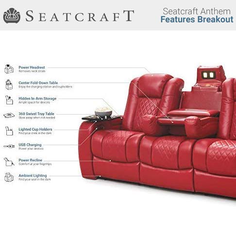 Seatcraft Anthem Home Theater Seating Living Room - Italian Leather - Power Recline Sofa - Fold-Down Table - Powered Headrests - Arm Storage - AC/USB and Wireless Charging - Cup Holders, Red Seatcraft