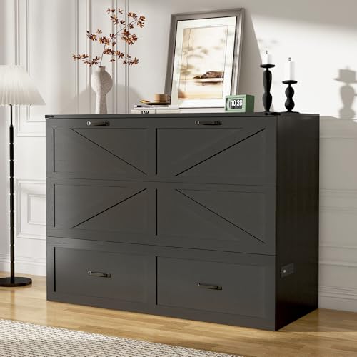 Hlivelood Full Size Murphy Chest Bed with Drawer and Charging Station, Farmhouse Wood Space-Saving Hidden Folding Bed Chest, Multifunctional Storage Cabinet Beds for Bedroom, Office, Black Hlivelood