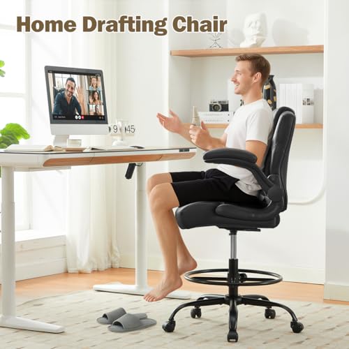 Ergonomic Drafting Chair,Tall Office Chair for Standing Desk with Flip-Up Armrests,Adjustable Foot Ring & Height, High Leather Executive Office Chair for Home,Drawing or Counter Height Use KWKSV