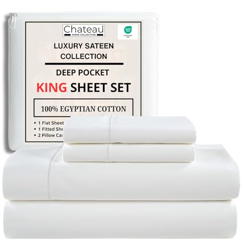 100% Egyptian Cotton Sheets King Size Sheets Set with Fully Elasticated 15" Deep Fitted Sheet & Pillowcase Sets, Sateen Weave Hotel Collection King Sheet Set, Soft Luxury White Bedding CHATEAU HOME COLLECTION