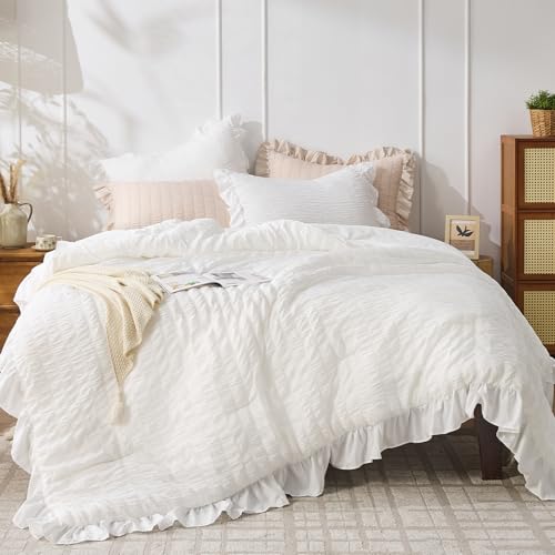 JOLLYVOGUE White Comforters Queen Size, 3 Pieces Ruffle Seersucker Queen Comforter Set for All Season, Lightweight Soft Shabby Chic Bedding Sets for Women(1 Comforter, 2 Pillowshams) JOLLYVOGUE