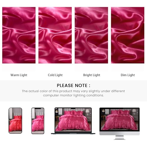 Silk Like Satin Bedding King Hot Pink Duvet Cover Set Soft Silky Ruffle Comforter Cover Sexy Hotel Silky Bedding Sets 1 Duvet Cover 2 Pillowcases (King, Hot Pink)… Bedding_Dreamer