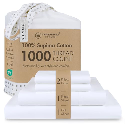 Threadmill 100% American Supima Cotton Sheets King Size - 1000 Thread Count, 4Pc King Size Sheet Set, Smooth Sateen Sheet, Ultra Luxury Bed Sheet, 17" Deep Pocket King Sheet Set - White Sheets Threadmill