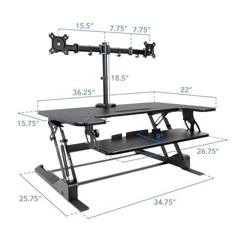 Mount-It! Standing Desk Converter Dual Monitor, 2 Screen Mounts Included, Height Adjustable Desk Riser in Black, Stand Up Desk Convertor Large 36" Wide, Sit Stand Convertor with Manual Lift Gas Spring Mount-It!