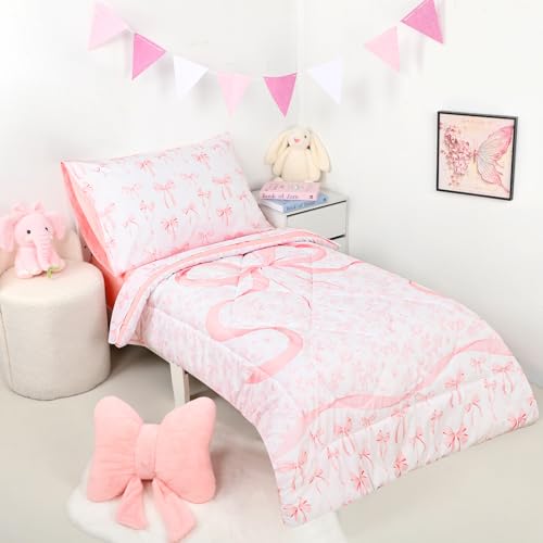 DAYEEBALL 4 Piece Toddler Bedding Set, Ultra Soft and Breathable Toddler Comforter Sets for GirlsIncludes Quilted Comforter, Fitted Sheet, Flat Sheet and Pillowcase, Pink Bow DAYEEBALL