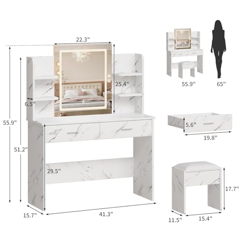 GAOMON Makeup Vanity Desk with Lights and Mirror, Vanity Table with 3 Lighting Modes, Storage Drawer, Shelves, Charging Station and Included Stool for Bedroom, Marble White GAOMON