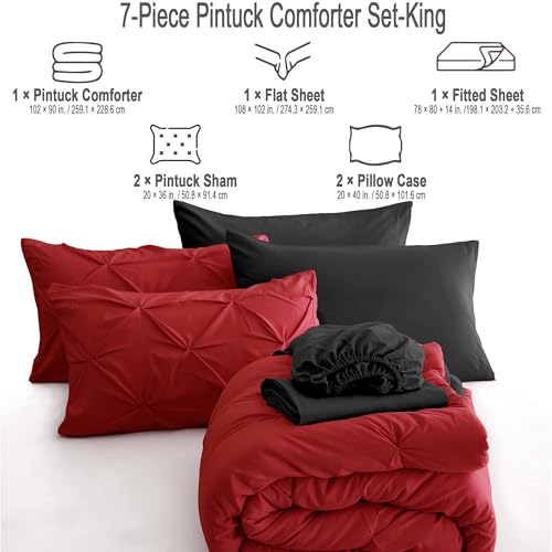 Ubauba 7pc King Size Comforter Set with Sheets, All Season Pintuck 7 Piece Bedding Sets Red and Black, Pinch Pleating Bed in a Bag Set with Comforters (Red and Black,King)