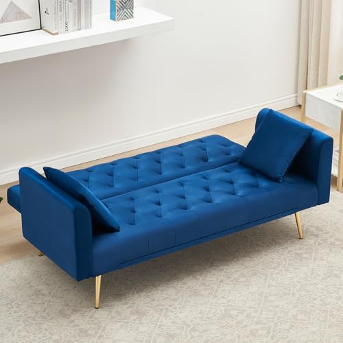 71" Modern Velvet Sofa Bed Futon, Convertible Sleeper Couch with Adjustable Backrest, Tufted Recliner Loveseat with Golden Chrome Legs & 2 Pillows for Small Spaces, Living Room, Apartment (Blue) Generic