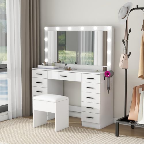 Panana Vanity Desk Set Large Mirror and Lights, Makeup Table with 11 Drawers, Power Outlet, Storage Cushioned Stool, 3 Lighting Modes, Dressing Table for Bedroom Dressing Room (White) Panana