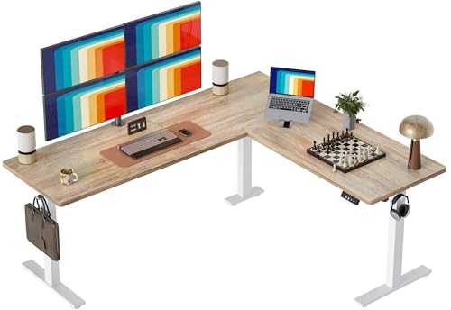 TIQLAB 75 x 61 inch L Shaped Standing Desk Adjustable Height, Electric Corner Standing Desk, Sit Stand Computer Table with Splice Board, Maple TIQLAB