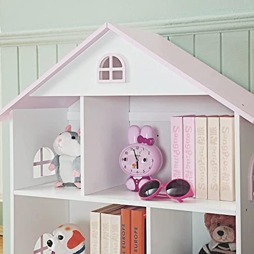 WODENY Pink Wooden Dollhouse Bookcase - 3-Tier Storage Organizer for Kids' Toys and Books WODENY