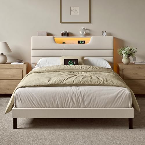 OURPIC Queen Size Bed Frames with Upholstered Headboard, Modern Platform Bed with Charging Station and Led Lights, Bed Frame with Sturdy Wooden Slats/No Box Spring Needed/2-Tier Storage, Beige OURPIC