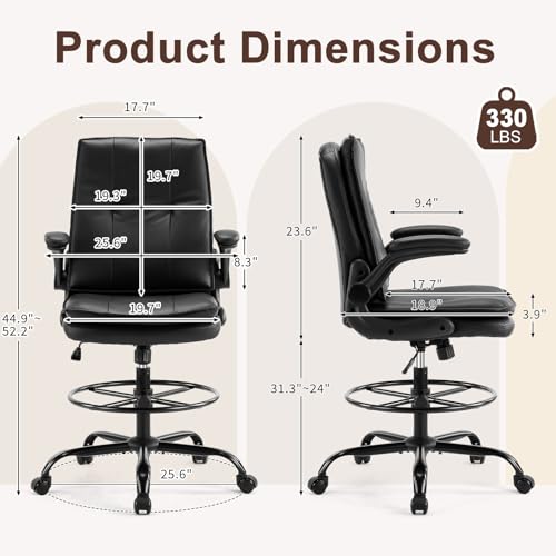Karl home Drafting Chair Height Adjustable for Standing Desk, PU Upholstered Tall Office Swivel Desk Chair with Flip-Up Armrests, Ergonomic Lumbar Support, Adjustable Foot Ring, Black Karl home