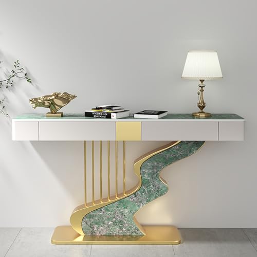 Modern Entryway Table with Drawers, Compact Console Table with Sintered Stone Top, Hallway Sofa Tables Harp-Shaped Wrought Iron Frame, Easy Assembly for Living Room, Entrance(Green+Gold,47.2in) HDZNDH