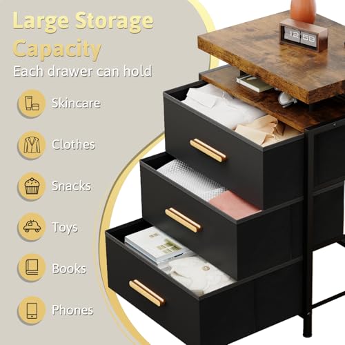 DreamDashio Night Stand with APP Control LED Lights, 3 Fabric Storage Drawers with PU Finish, Floating Top Design, Bedside Table with Open Shelf, End Table for Bedroom, Living Room, Office (Black) DreamDashio