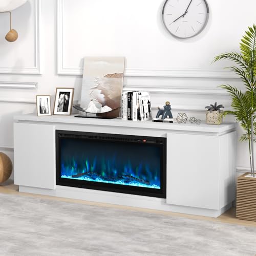 Tangkula Fireplace TV Stand for TVs up to 80", 70" Media Console Table with 36" Electric Fireplace, 3 Adjustable Shelves, Anti-Tipping Kits & Soft Close Hinges, Entertainment Center (White) Tangkula