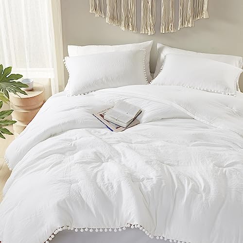 Codi White Boho Twin Comforter Set for Girls, Aesthetic Luxurious Pom Fringe Design Bedding,Cute Soft Washed Microfiber Bed Sets, Lightweight Chic,1 Comforter & 1 Pillowcase Codi