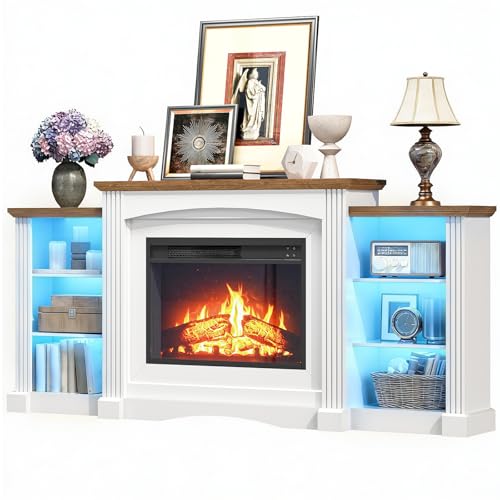 HOOBRO Electric Fireplace with Mantel, Fireplace TV Stand with Led Light, 74" Farmhouse Entertainment Center with Storage, Realistic Stacked Stone Surround and 3D Flame for Living Room, Bedroom HOOBRO