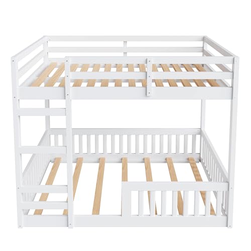 Bellemave Full Over Full Bunk Bed with Ladders Wood Bunk Beds with Full-Length Guardrails Floor Bunk Bed Frame for Kids, Boys, Girls, No Spring Box Needed, Pure White Bellemave