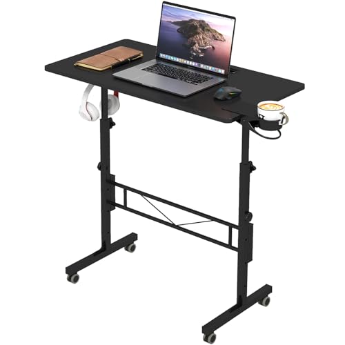 Hadulcet Small Standing Desk Adjustable Height, Mobile Stand Up Desk with Wheels, Portable Walking Pad Table Stand, Rolling Laptop Cart for Standing or Sitting, Black Hadulcet