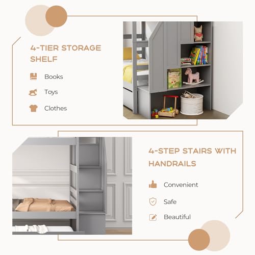 KOTEK Twin Over Twin Bunk Bed with Trundle and Stairs, Solid Wood Bunk Bed Frame with Storage Shelf, Bunk Beds Detachable into 2 Platform Beds for Kids Teens Adults (Grey) KOTEK