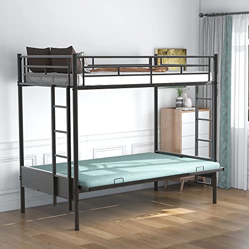 Polibi Twin Over Full Metal Bunk Bed with Two Side Ladders and Guardrail, Bottom Full Size Bunk Bed Can be Converted into Futon/Seat(Black) Polibi