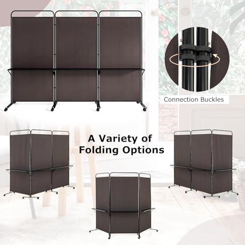 Giantex 3 Panel Room Divider with Wheels and Shelves, 103" W x 74" H Folding Privacy Screen, Rolling Partition Separator for Home Office Studio, Fabric Wall Divider for Room Separation (Brown) Giantex