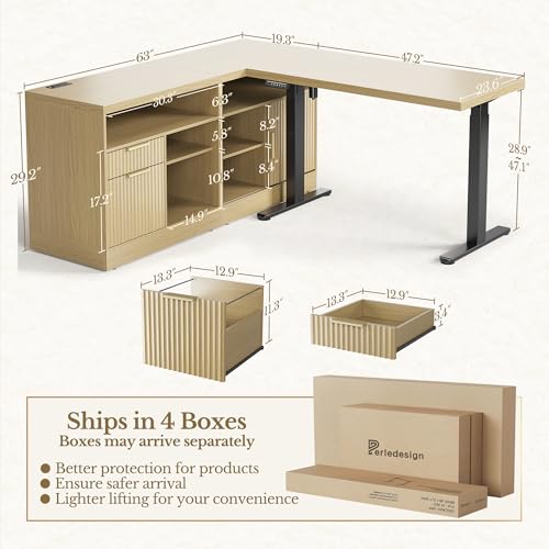 Perledesign Height Adjustable Electric Standing Desk, 67 x 24 Inches Sit Stand up Desk with 2 File Cabinets, AC/USB, 1.18" Desktop, L Shaped Fluted Computer Desk for Home and Office, Light Walnut Perledesign