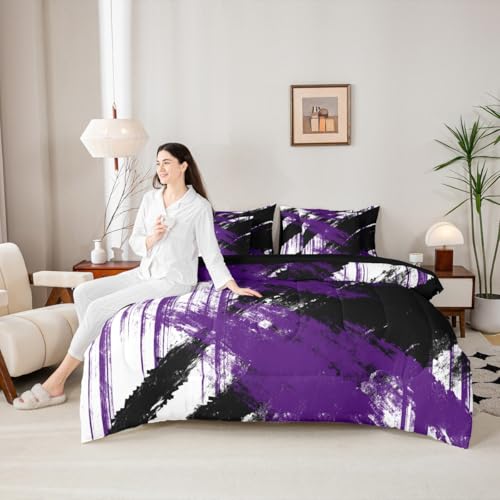 jejeloiu Abstract Art Comforter Set with Sheets Kids King Size 7 Pieces Modern Geometric Bedding Set for Boys Girls Teens White Black Purple Bed in a Bag Room Decor jejeloiu