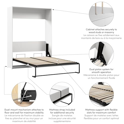 Bestar Claremont 59W Full Murphy Bed in White, Sleeping Arrangement for Multipurpose Area, Bedroom, Guest Room, or Living Room Bestar