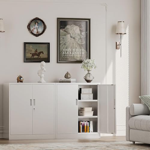 TaskStorz Metal Garage Storage Cabinets,36" Steel File Cabinet with 2 Adjustable Shelves, Lockable Storage Cabinets for Office, Home, Garage, Warehouse 36" H x 32" W x 16" D (White) TaskStorz