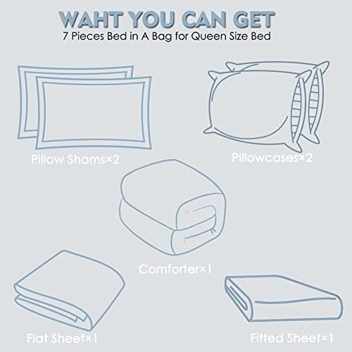 Furnishh Queen Comforter Set 7 Pieces Bed in a Bag, Full/Queen Reversible Bed Set with Comforter, Flat Sheet, Fitted Sheet, Pillowcases & Shams, Navy Blue and Grey Bedding Sets for Queen Size Bed Furnishh