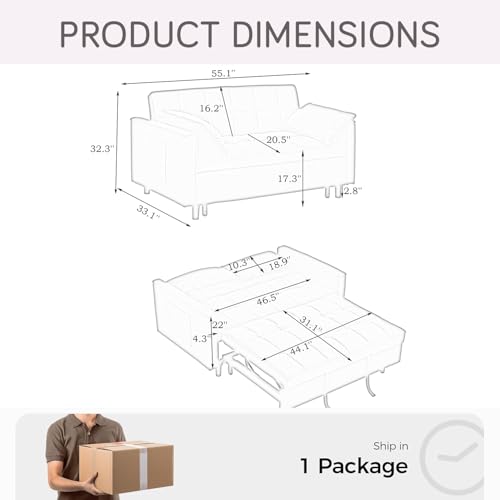 3 in 1 Convertible Sleeper Sofa Bed, 55'' Full Size Corduroy Pull Out Futon Couch Recliner with Reclining Backrest & 2 Pillows, Small Loveseat Lounge Couches for Small Spaces (Beige) MWrouqfur