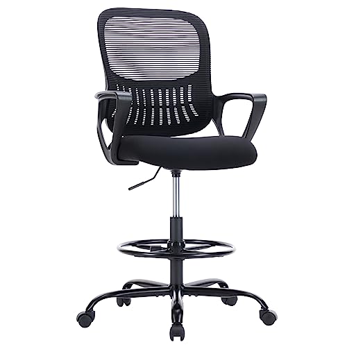 DUMOS Drafting Chair - Counter Height Adjustable Tall Office Desk Chair with Fixed Armrests and Comfortable Lumbar Support for Standing Desk, Deep Black DUMOS