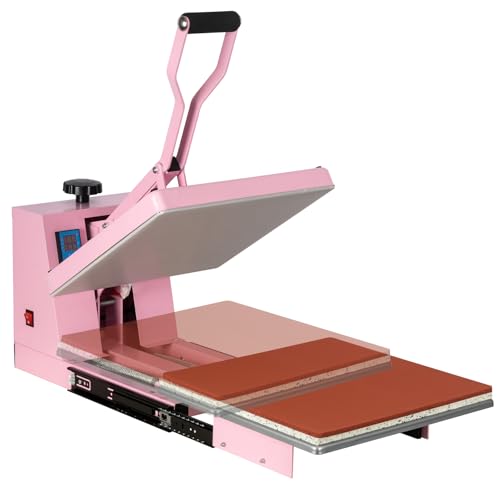 15x15 Heat Press Machine with Slide-Out Platen, T-Shirt Heat Transfer Press for DTF & HTV Vinyl, 110V 1400W Digital Temp/Timer, Dual Support Arms, 0–400°F, Pink WUMSTOT
