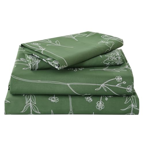 Yibeizi Green Floral Sheet Set King, Botanical Rustic Pattern Bed Sheets Boho Bedding Sheets & Pillowcases Soft Microfiber 15" Extra Deep Pocket Fitted Bedsheet 4 Piece Yibeizi
