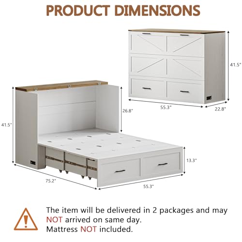 CHUWELL Full Size Murphy Bed with Charging Station & Drawer, Farmhouse Full Size Mobile Cabinet Bed Frame, Murphy Chest Bed Cabinet for Bedroom, Guest Room