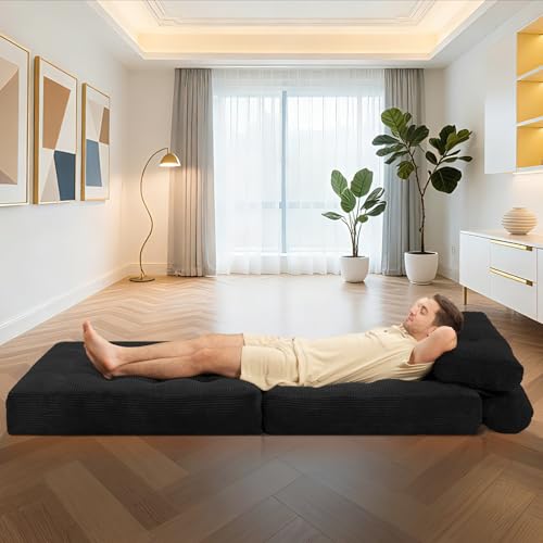 HABUTWAY Folding Sofa Bed, Convertible Sleeper Chair Bed w/Dual-Pillow & Handle, Foldable Floor Sofa Lounge w/Back Support for Living Room, Bedroom, Apartment, Office, Single, Black HABUTWAY